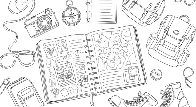 Overhead view of essential travel accessories for an exciting adventure including a journal, camera, compass, backpacks, and hiking boots, ready for exploration.