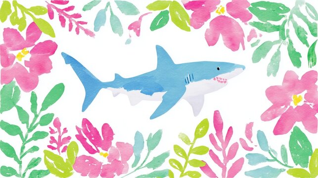 Growth and continuous learning illustrated by a playful blue shark swimming through a vibrant watercolor floral frame, symbolizing creativity and expanding horizons in business development.
