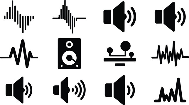 Collection of black audio and sound wave icons representing various audio technologies