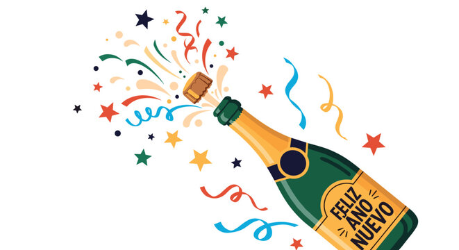 Celebratory green champagne bottle popping open with colorful stars confetti and feliz ano nuevo message for new years eve party.