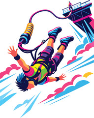 Person bungee jumping from a colorful tower with vibrant clouds Keywords: bungee jumping, extreme © Nargis