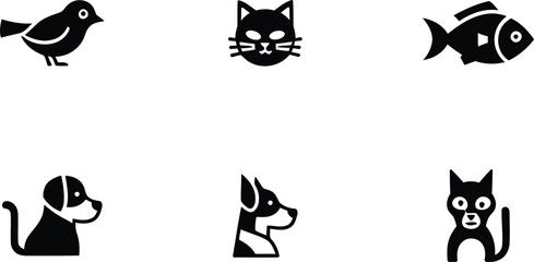 Obraz premium Black silhouette icons of various animals bird cat fish dog rabbit and goat