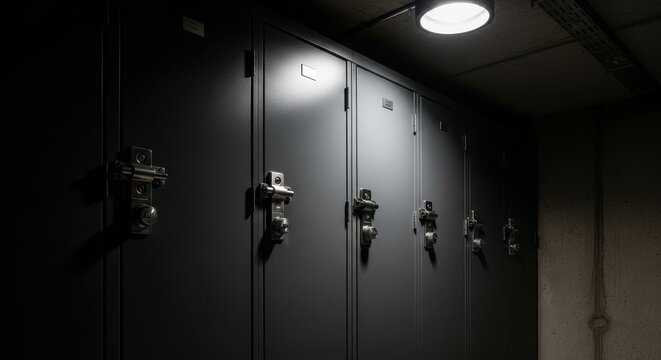 Dark row of grey metal school gym lockers with shiny chrome locks and overhead lighting in a dimly lit corridor