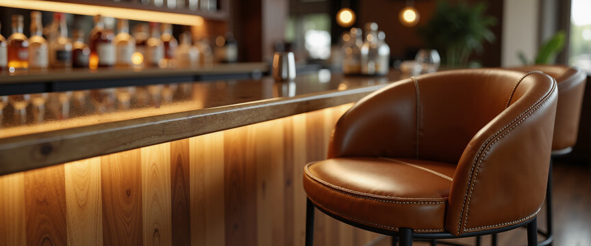 Empty leather stool at modern hotel bar counter with wooden accents  