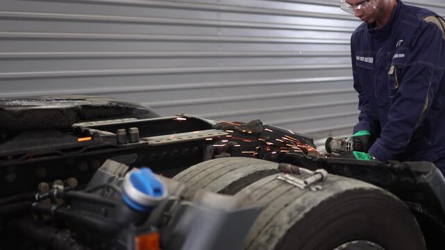 An expert truck repair technician skillfully uses a grinding machine to maintain heavy vehicles, highlighting the dedication and precision required in professional automotive maintenance.
