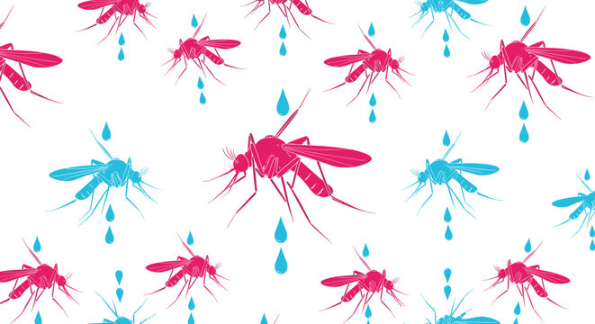 Vector illustration of a repeating pattern featuring stylized pink and blue mosquitoes paired with blue water droplets on a clean white background.