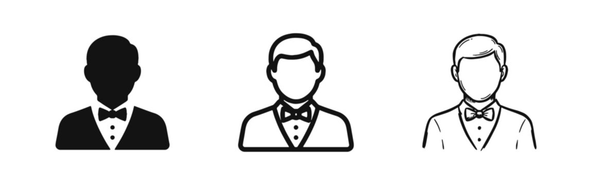 Butler and Waiter Icons Set in Silhouette, Outline and Hand Drawn Styles