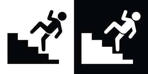 Fall hazard warning icon depicting a person falling down stairs. Essential for safety signage, public building navigation, caution warnings, and workplace accident prevention graphics. © bibin