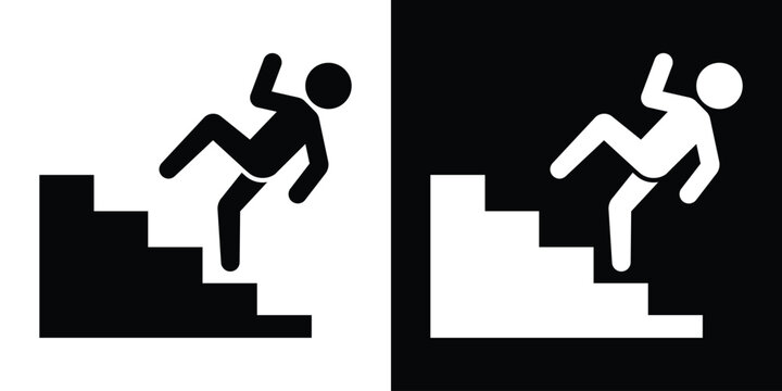 Fall hazard warning icon depicting a person falling down stairs. Essential for safety signage, public building navigation, caution warnings, and workplace accident prevention graphics.