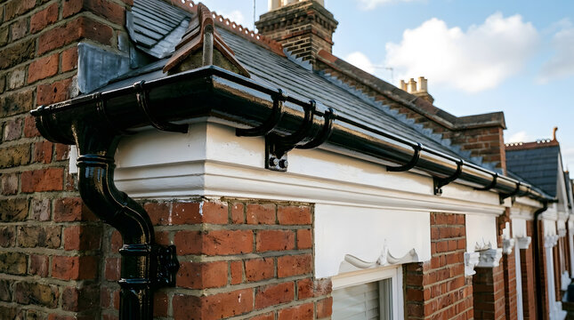 New White UPVC Fascia and Soffit with Ventilation Grilles | Black Gutter Brackets Installed on Eaves | Close-up of Residential Roof Edge and Tiled Roofing | Modern Home Exterior Maintenance and Repair