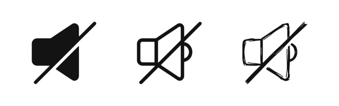 Sound Mute and Silent Mode Icon Set in Silhouette, Outline and Hand Drawn Styles