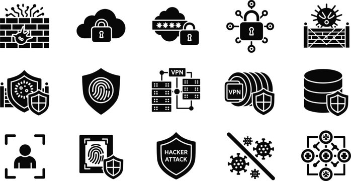 Set of 16 Cybersecurity and Privacy Icons Featuring Firewalls, VPN, Data Protection, and Hacking Prevention for Digital Security