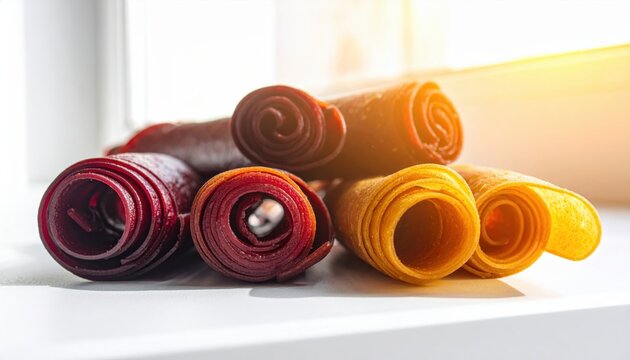 Fresh homemade fruit leathers made from sweet apples and plums rolled into tight cylinders and displayed in bright sunlight for a healthy snack concept.