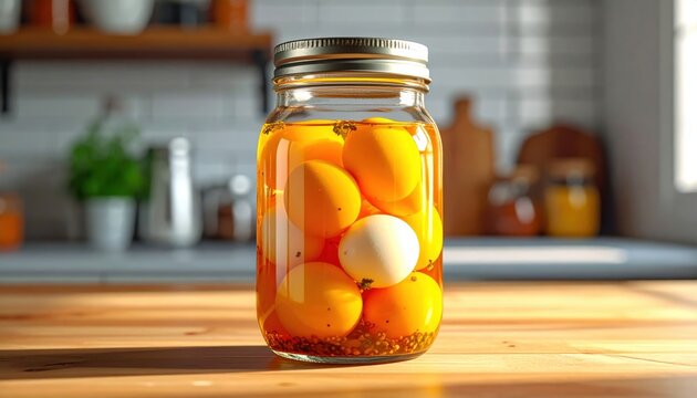 A crystal clear mason jar filled with vibrant pickled eggs submerged in a savory spiced golden brine sits prominently on a warm wooden kitchen countertop in a bright domestic setting.