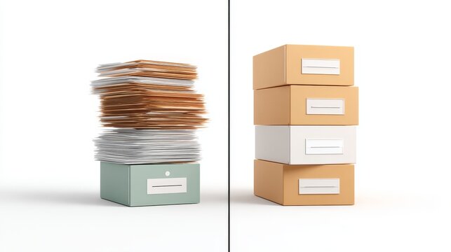 Organized Chaos - Comparison of Messy and Labeled File Stacks on White Background 3D Icons