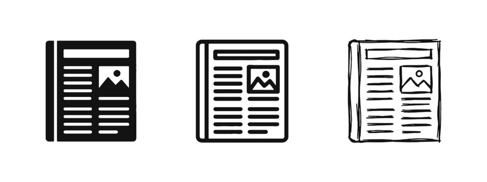 Newspaper and News Article Icon Set in Silhouette, Outline and Hand Drawn Styles
