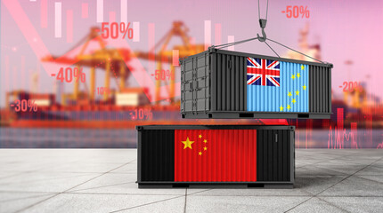 Trade Crossroads: A striking visual representing the intricate relationship between trade and economics, featuring containers adorned with flags, against a backdrop of global economic challenges. © bao
