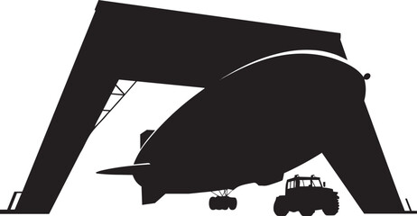 Blimp and tractor inside a large industrial hangar structure for aerospace logistics and storage © Laila