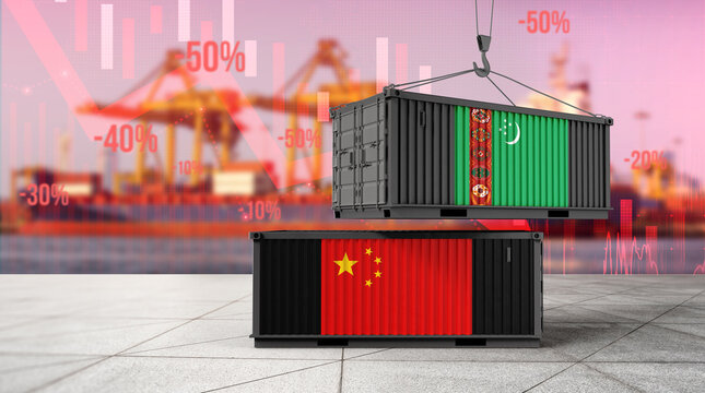 Trade Crossroads: A visual representation of international trade, featuring cargo containers with flags of Turkmenistan and China, illustrating global commerce and economic dynamics.