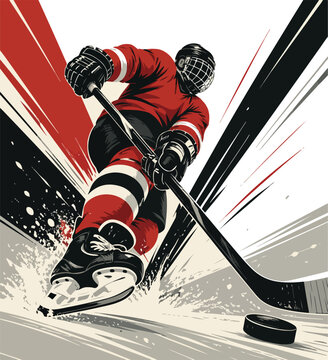 Hockey player in red uniform skating with stick ice hockey