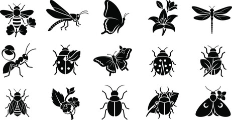 Collection of black and white insect with floral including bees, butterflies, ladybugs, and dragonflies © hr graphics