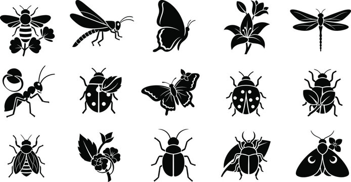 Collection of black and white insect with floral including bees, butterflies, ladybugs, and dragonflies