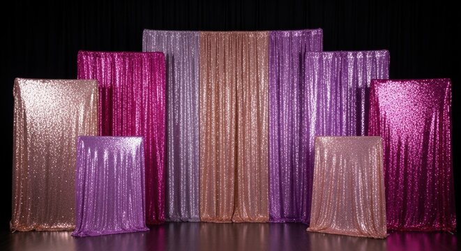 A dazzling collection of shimmering sequined fabric panels in vibrant purple, pink, and rose gold hues for event backdrops.