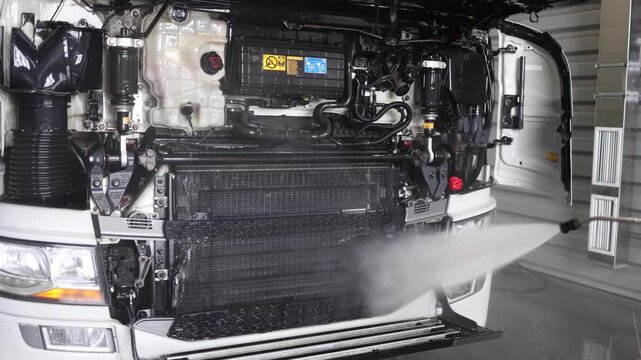 A professional car wash scene featuring a cleaner expertly using a contactless washer on a pristine white truck parked in a spacious hangar, showcasing modern car cleaning technology.