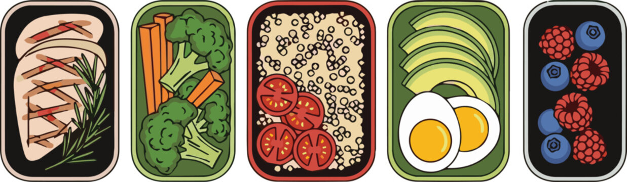 A colorful illustration of various healthy food portions arranged side by side on plates.
