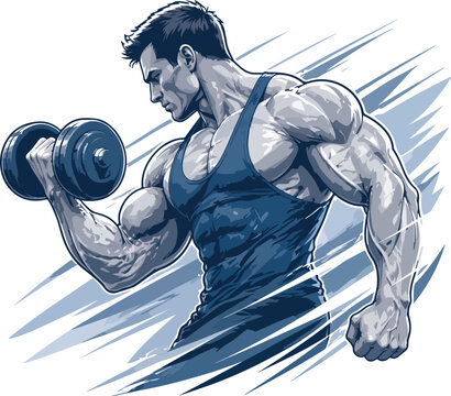Muscular man lifting dumbbell with intense focus bodybuilder