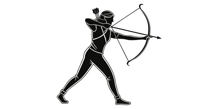 Black and white vector silhouette of female archer aiming recurve bow with silhouette competition outdoors activity recreation precision training exercise equipment challenge illustration