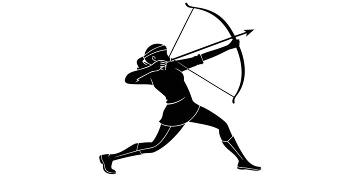 Silhouette illustration of a female archer drawing a longbow for sport with silhouette shooting precision competition training recreation activity concentrated exercise physical performance