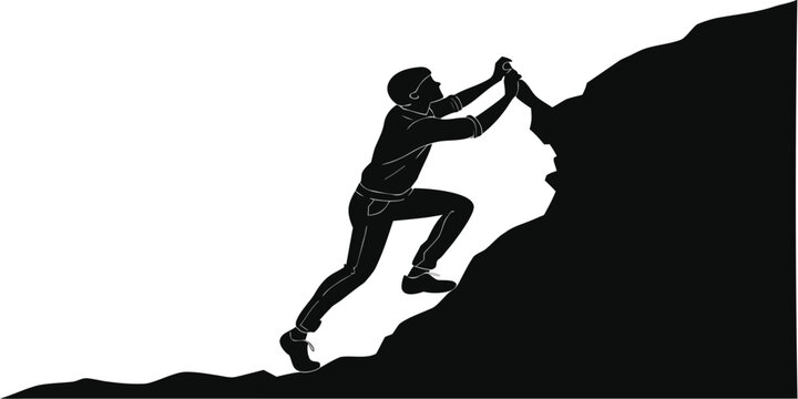 Silhouette illustration of a determined person rock climbing a steep mountain face with climbing silhouette mountain adventure determination challenge mountainous outdoors recreation struggle