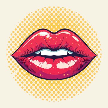 Vibrant pop art illustration of glossy red lips against a yellow dot background