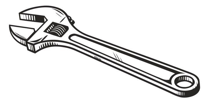 Detailed black and white illustration of an adjustable wrench tool with adjustable hardware mechanical maintenance engineering construction workshop industrial equipment handtool industry