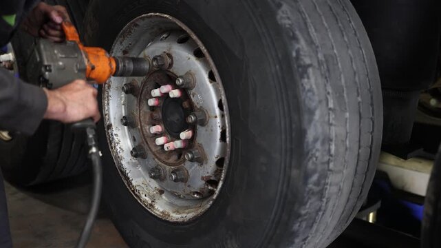 This image features a professional mechanic at a service shop, expertly unscrewing a truck wheel. His focus and usage of a large tool emphasize the intricate work involved in automotive maintenance.