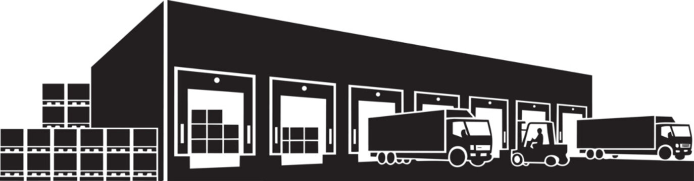 Loading dock with trucks and forklift illustration featuring boxes and pallets with loading bays