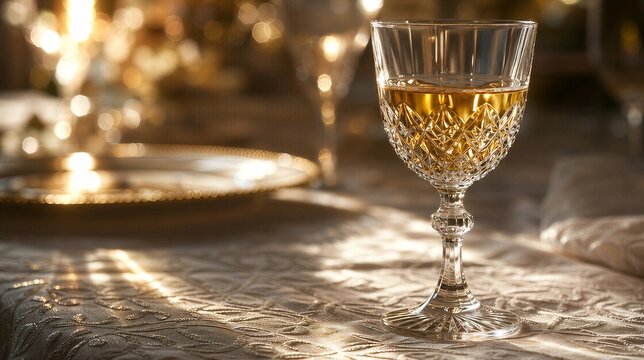 refractive. Crystal wine glass with golden liquid, backlight creating a refractive glow on textured cloth. bar promotions, beverage menus, designed for product packaging and bar promotions.