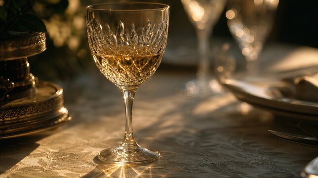 refractive. Crystal wine glass with golden liquid, backlight creating a refractive glow on textured cloth. bar promotions, beverage menus, designed for product packaging and bar promotions.
