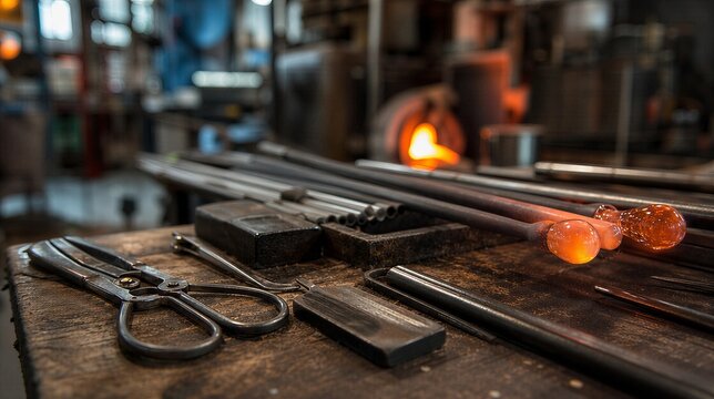 glassblowing. Glassblowing tools arranged on wooden workbench with orange glow and shallow depth of field. safety posters.