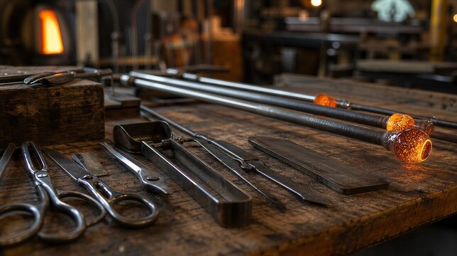 glassblowing. Glassblowing tools arranged on wooden workbench with orange glow and shallow depth of field. safety posters.