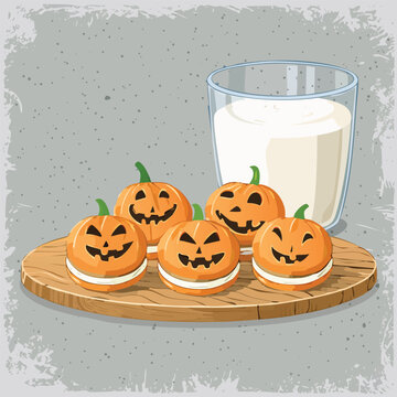 Cartoon pumpkins with smiling faces and glass of milk on a wooden board