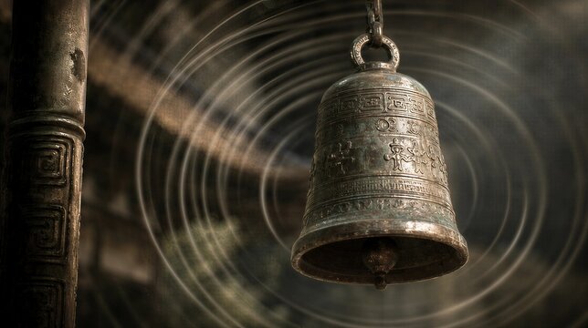 oganesson. Ancient bronze bell with detailed texture and visible ripples in the air. event programs, museum guides, designed for cultural heritage projects and event programs, preserves heritage.