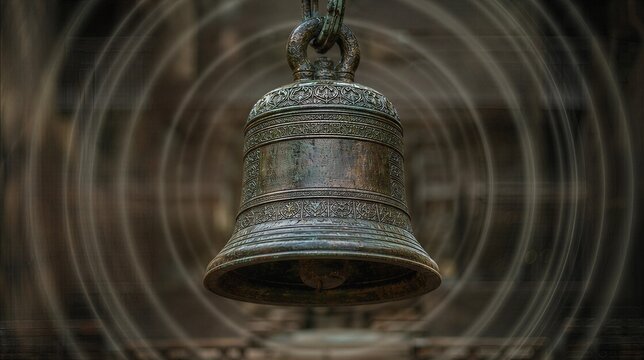 oganesson. Ancient bronze bell with detailed texture and visible ripples in the air. event programs, museum guides, designed for cultural heritage projects and event programs, preserves heritage.