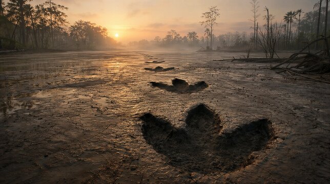 implementer. Fossilized Tyrannosaurus rex footprints in mud, leading into misty dawn. wildlife magazines, conservation campaigns, designed for wildlife conservation campaigns.