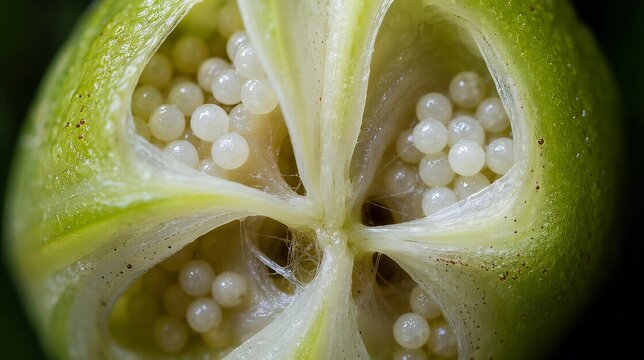 gibberellin. Macro view of tiny pearl-like ovules inside a lily's ovary, intricate biological detail. gardening catalogs, home-decor guides, designed for gardening and botanical catalogs.