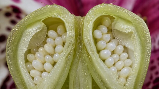 gibberellin. Macro view of tiny pearl-like ovules inside a lily's ovary, intricate biological detail. gardening catalogs, home-decor guides, designed for gardening and botanical catalogs.