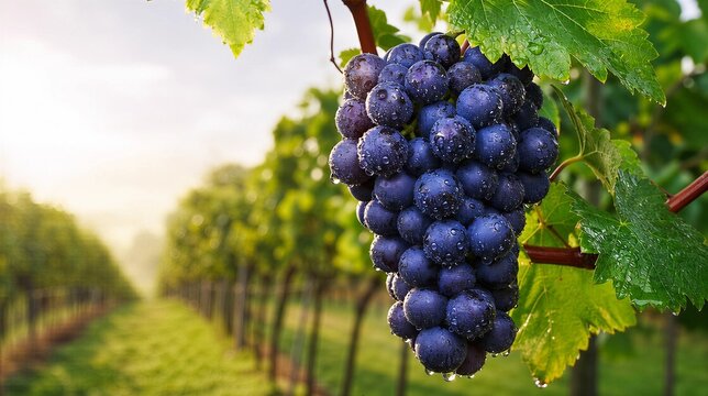 generality. A single cluster of Cabernet Sauvignon grapes glistening with dew in a vineyard under soft sunlight. gardening catalogs, home-decor guides, designed for home decor and floral branding.