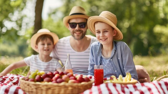 A happy father and his two young sons wearing straw hats share a refreshing summer picnic outdoors with a spread of fruits juice and drinks on a checkered blanket under the trees