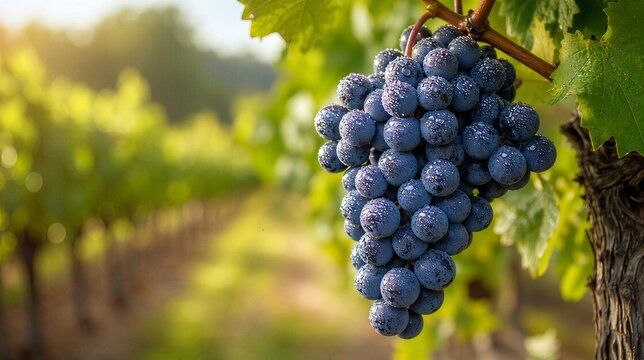 generality. A single cluster of Cabernet Sauvignon grapes glistening with dew in a vineyard under soft sunlight. gardening catalogs, home-decor guides, designed for home decor and floral branding.